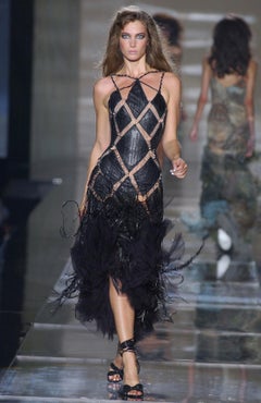 S/S 2004 Roberto Cavalli Geometric Black Embellished Leather Corset Fringe Dress