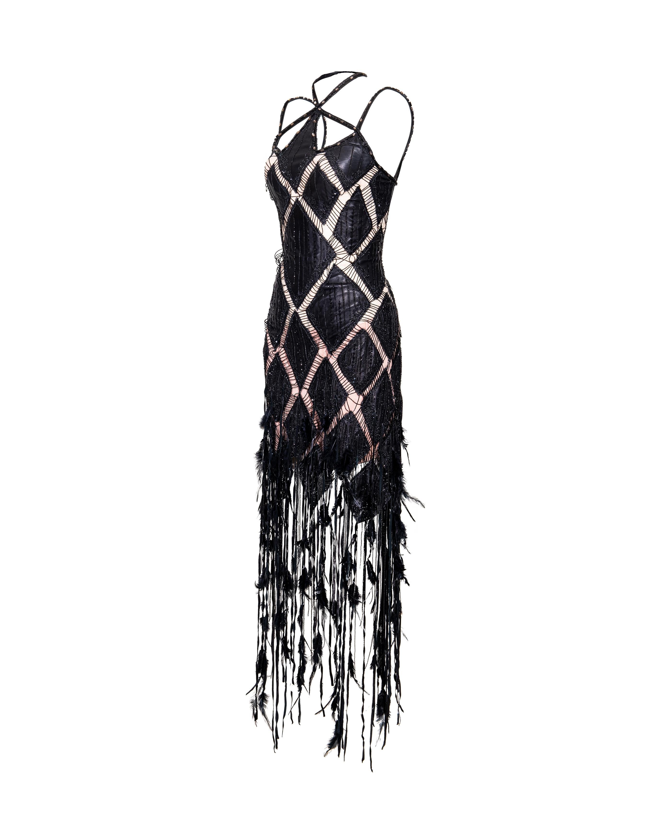 S/S 2004 Roberto Cavalli Geometric Black Embellished Leather Corset Fringe Dress In Good Condition In North Hollywood, CA