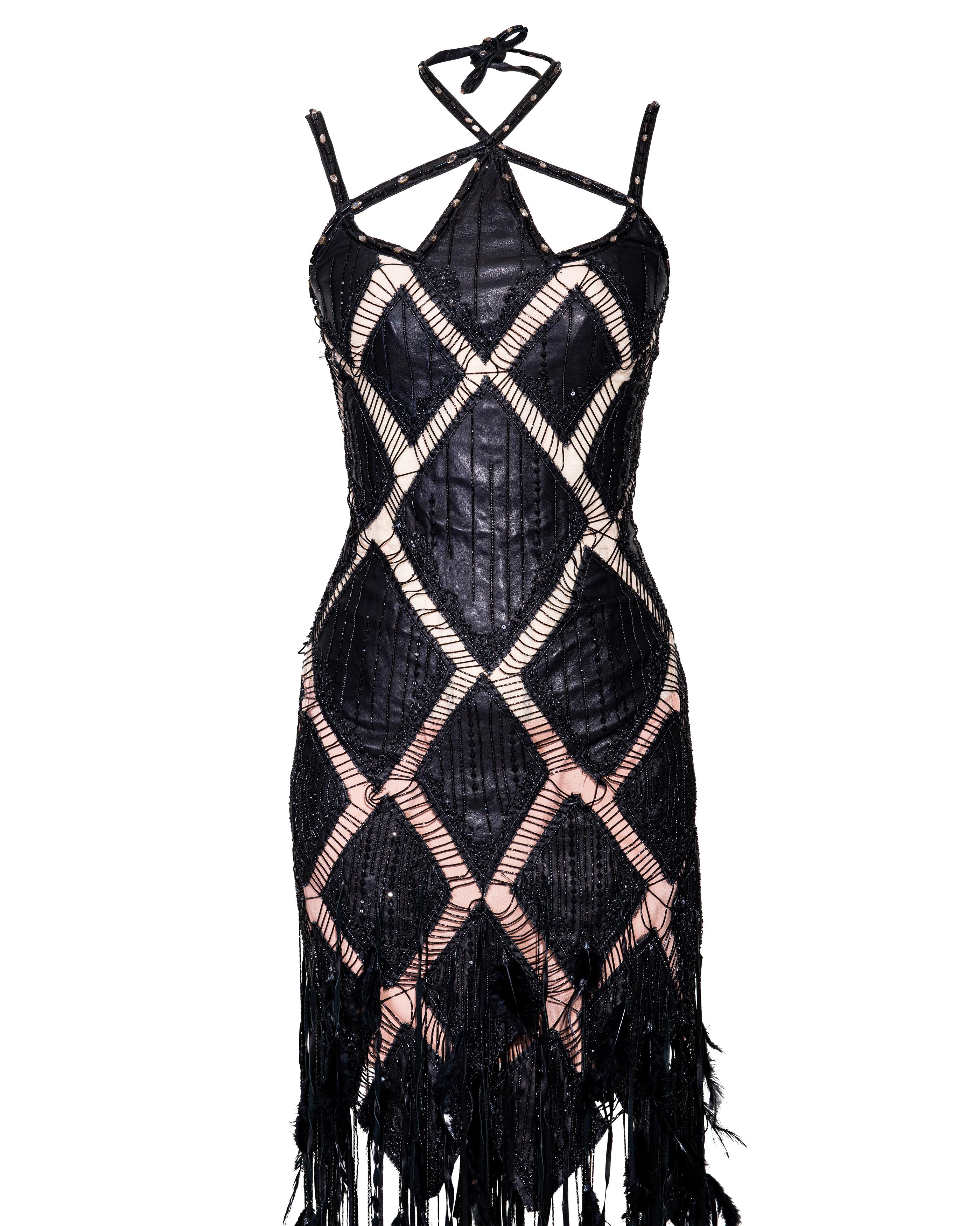 F/S 2004 Roberto Cavalli Geometrisches schwarzes verziertes Lederkorsett-Kleid mit Fransen 2
