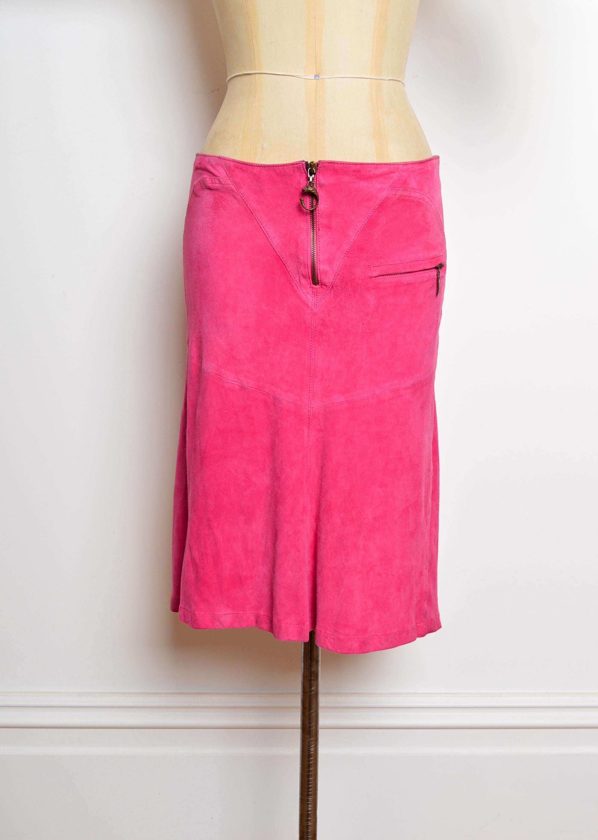 S/S 2004 Roberto Cavalli Hot Pink Fuschia Suede low rise Y2k Midi