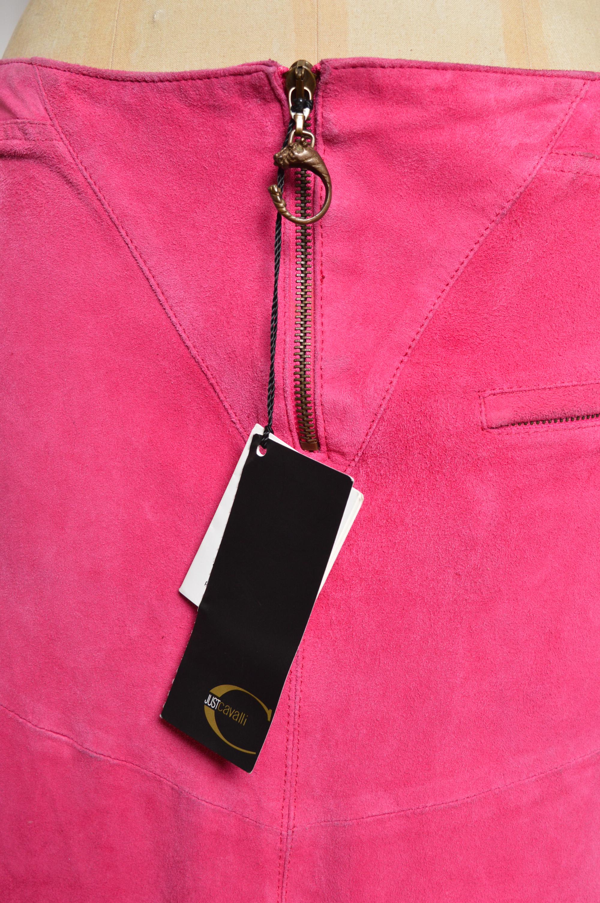 S/S 2004 Roberto Cavalli Hot Pink Fuschia Suede low rise Y2k Midi
