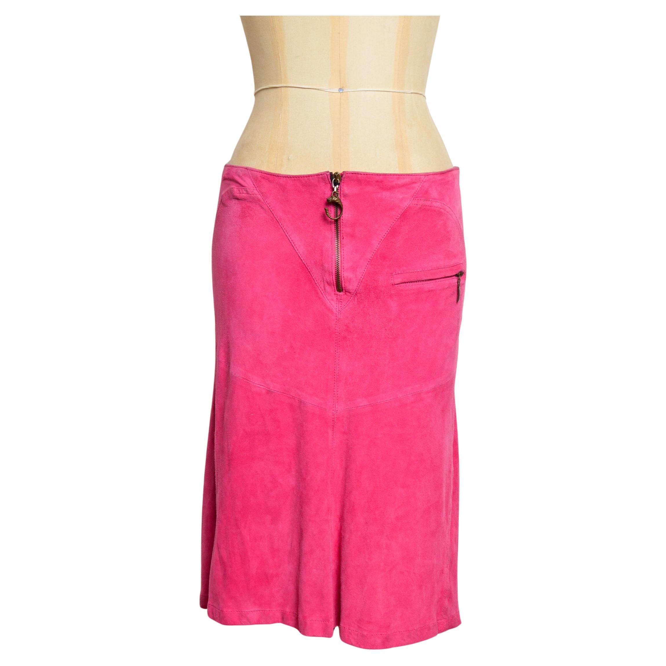 S/S 2004 Roberto Cavalli Hot Pink Fuschia Suede low rise Y2k Midi skirt