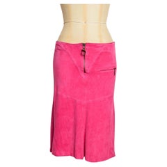 S/S 2004 Roberto Cavalli Hot Pink Fuschia Suede low rise Y2k Midi skirt