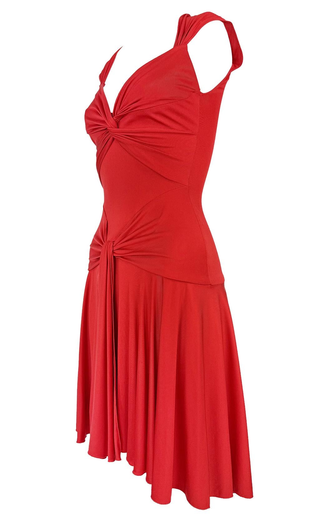 Women's S/S 2004 Valentino Garavani Runway Red Silk Bodycon Flare Mini Dress
