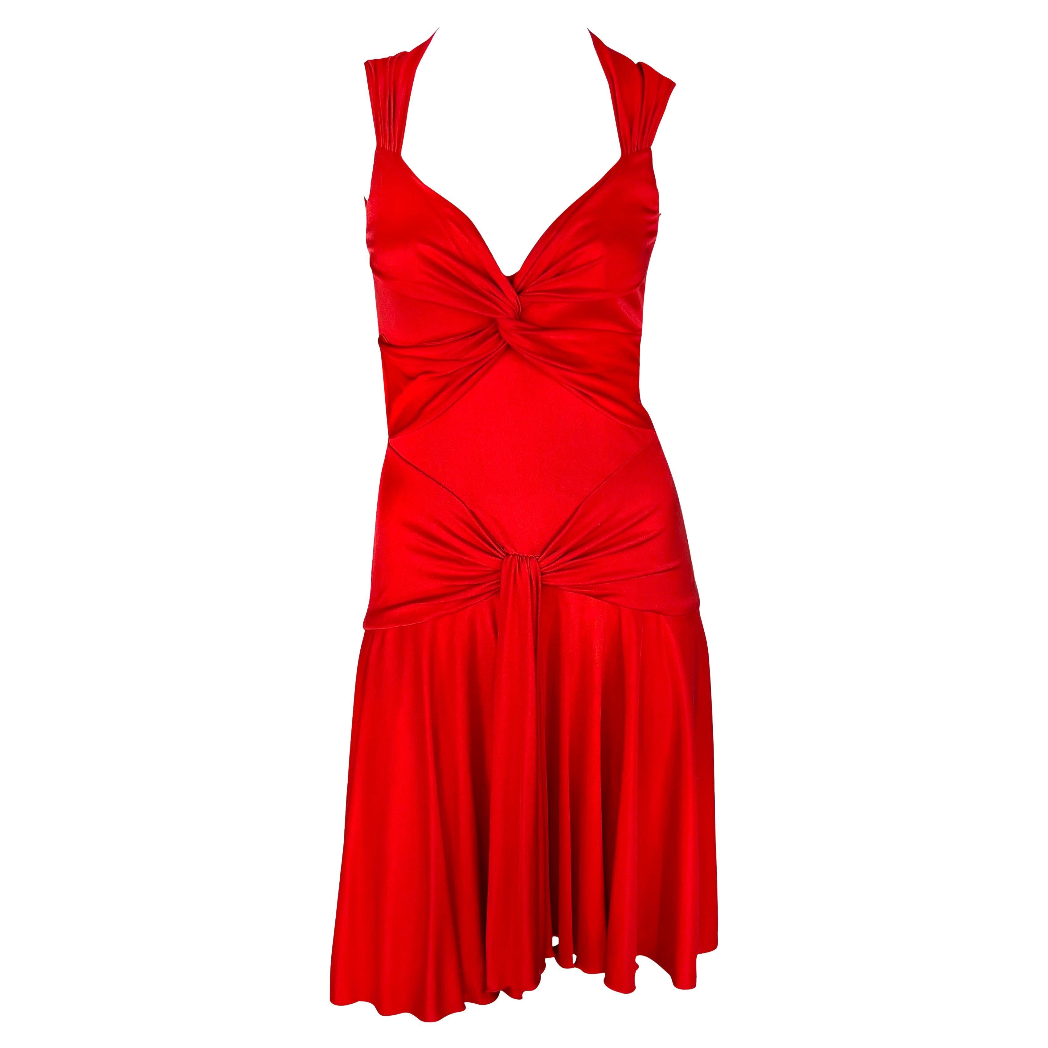 S/S 2004 Valentino Garavani Runway Red Silk Bodycon Flare Mini Dress For Sale