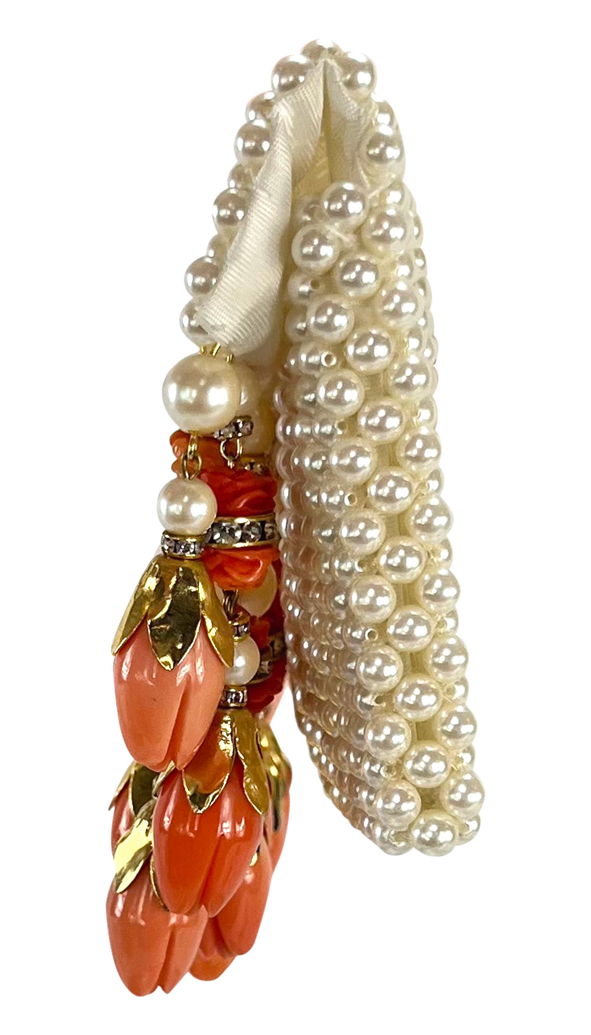 Women's S/S 2004 Valentino Haute Couture Runway Faux Pearl Rhinestone Coral Clutch