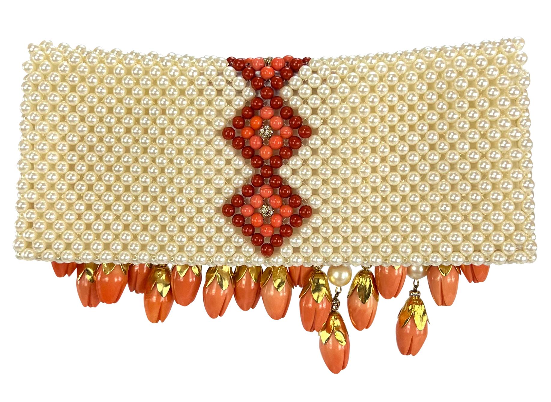 S/S 2004 Valentino Haute Couture Runway Faux Pearl Rhinestone Coral Clutch 2