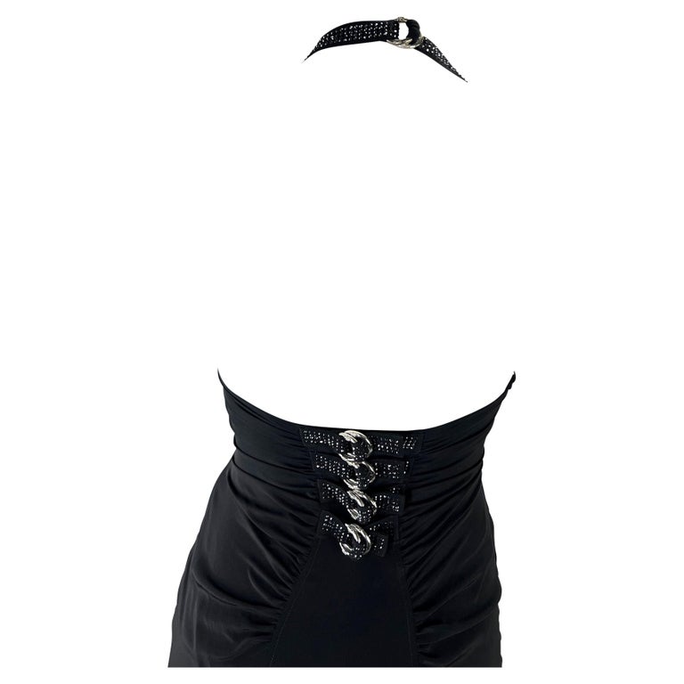 Women's S/S 2004 Versace by Donatella Backless Rhinestone Strap Ruched Silk Black Dress For Sale