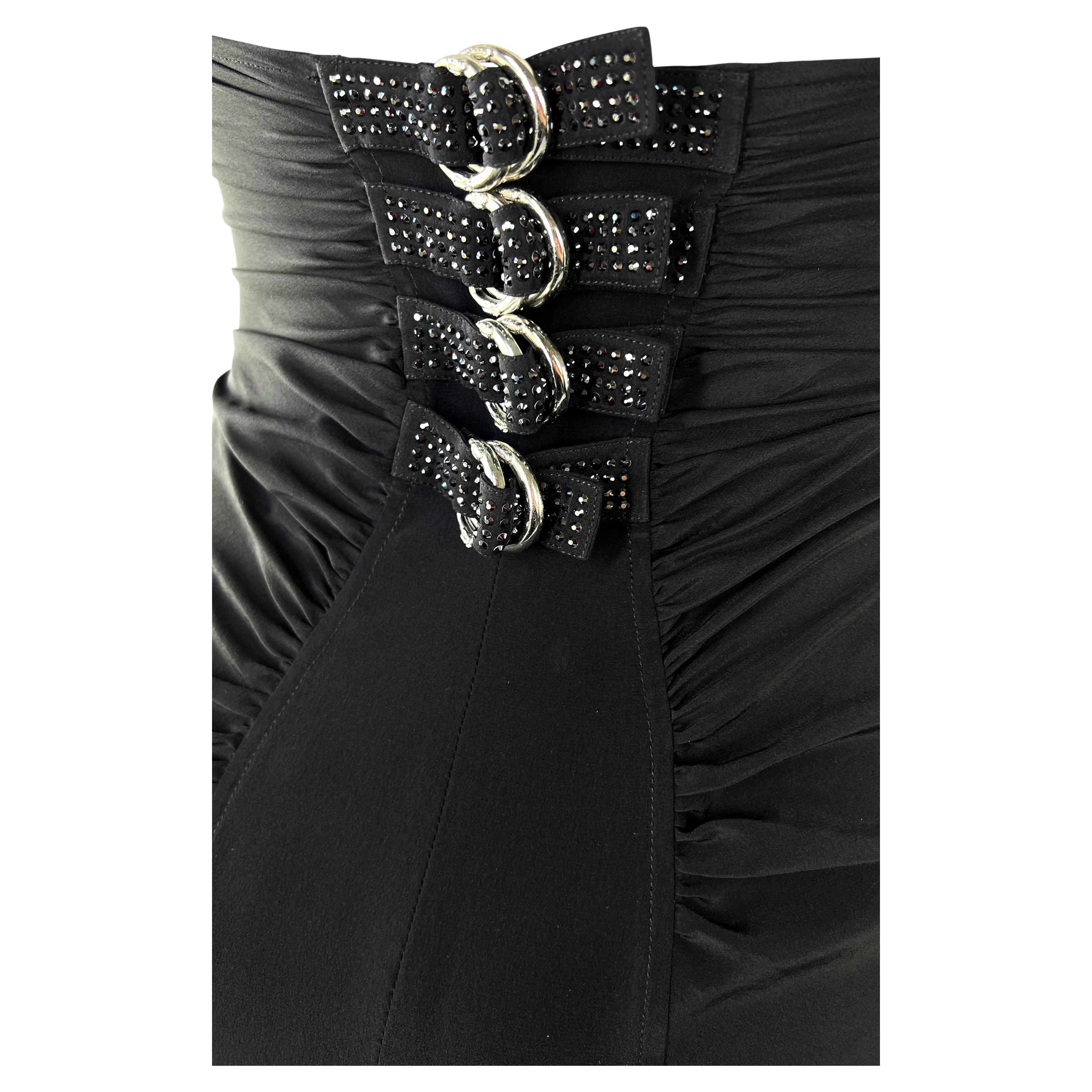 S/S 2005 Versace by Donatella Backless Rhinestone Strap Ruched Silk Black Dress In Good Condition For Sale In West Hollywood, CA