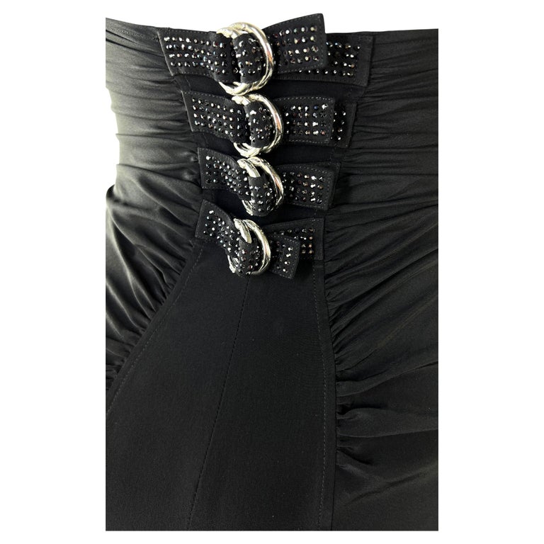S/S 2004 Versace by Donatella Backless Rhinestone Strap Ruched Silk Black Dress For Sale 1