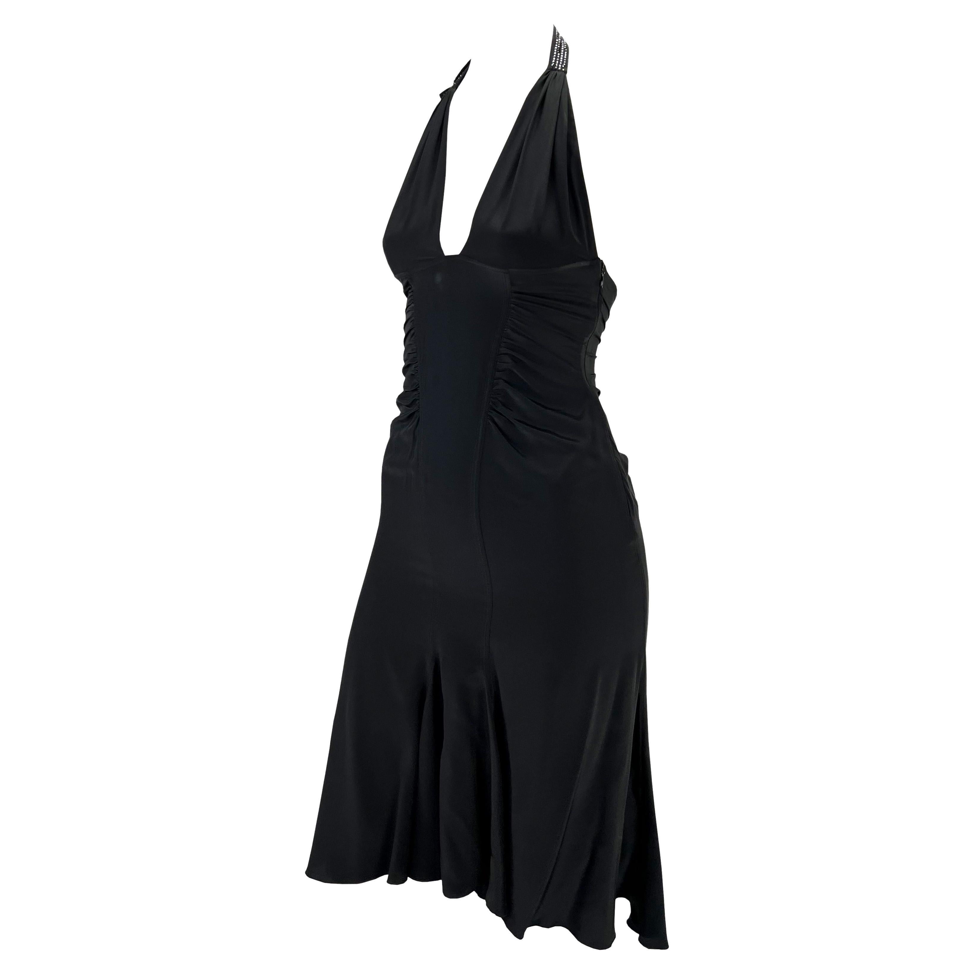 S/S 2004 Versace by Donatella Backless Rhinestone Strap Ruched Silk Black Dress