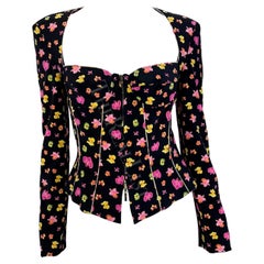 S/S 2004 Versace by Donatella Black Pink Orchid Print Corset Bustier Jacket