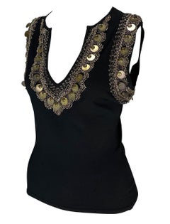 S/S 2004 Versace by Donatella Brass Embroidered Beaded Black Knit Plunging Top