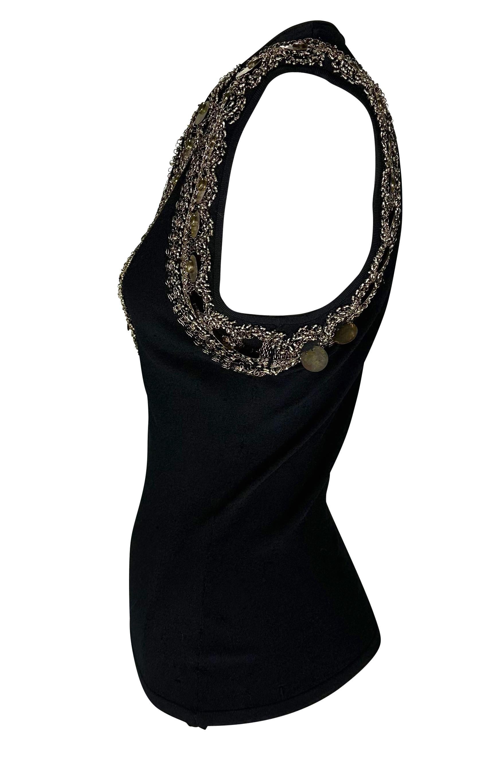 S/S 2004 Versace by Donatella Brass Embroidered Beaded Black Knit Plunging Top In Good Condition For Sale In West Hollywood, CA
