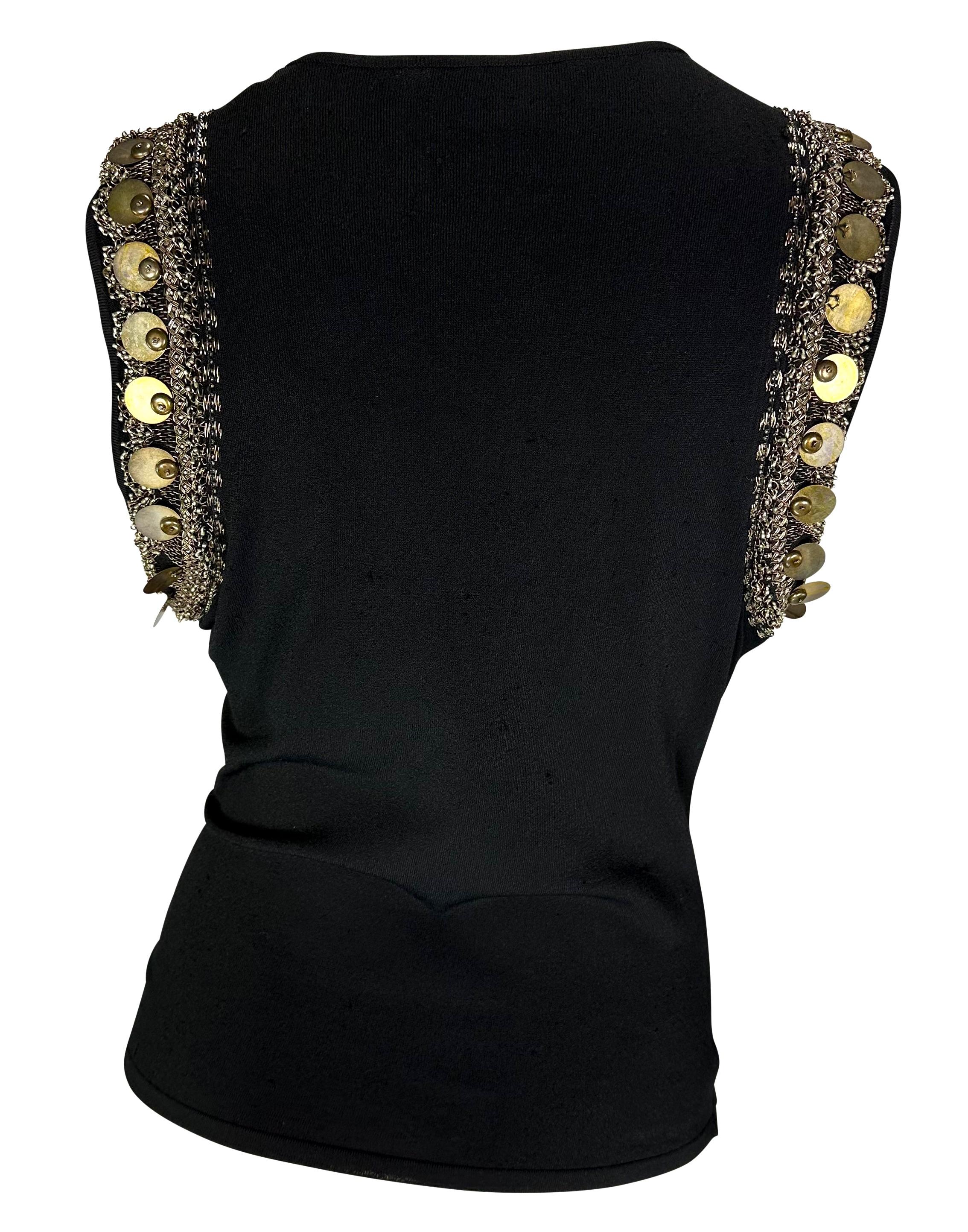 Women's S/S 2004 Versace by Donatella Brass Embroidered Beaded Black Knit Plunging Top For Sale