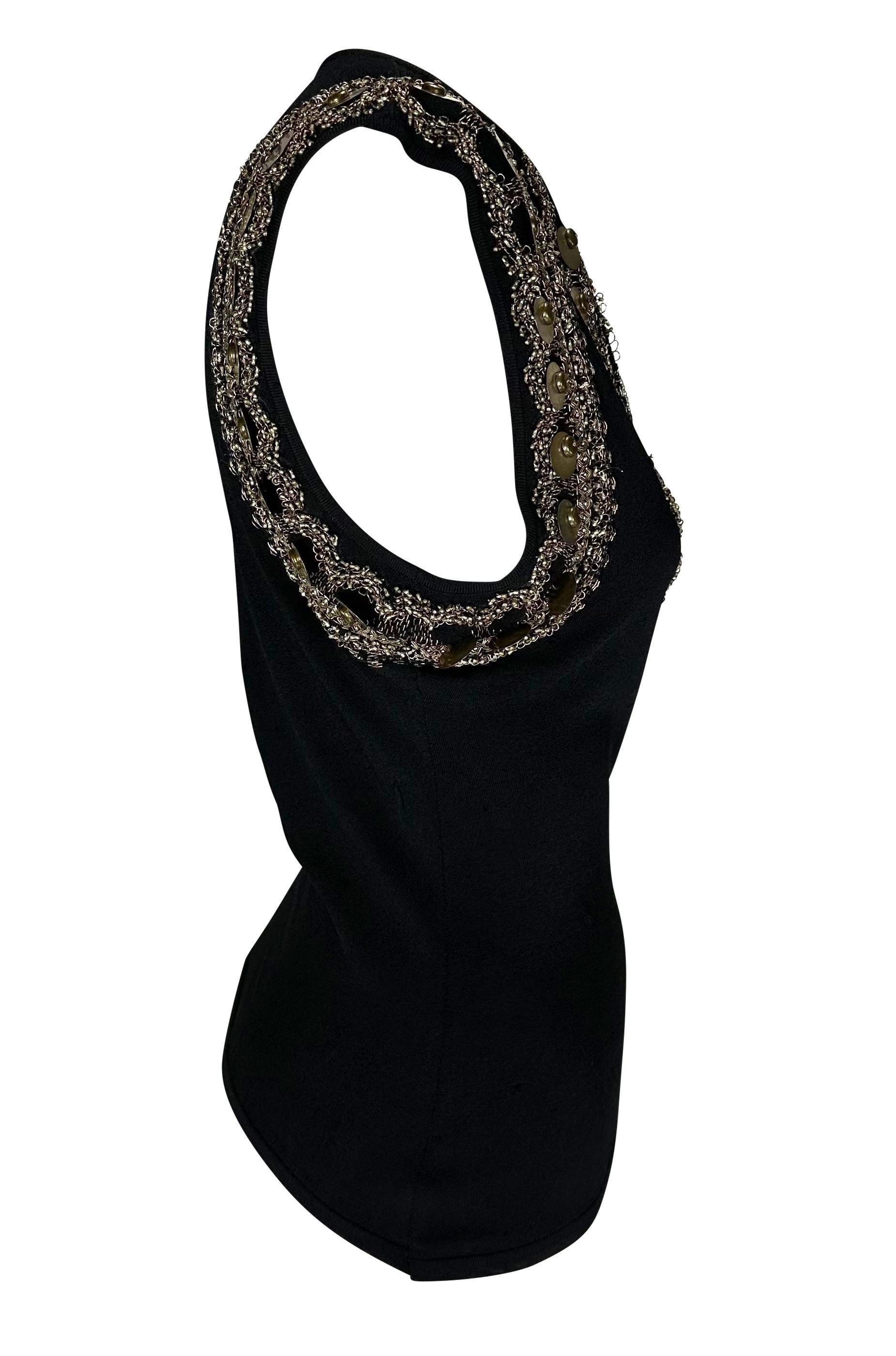 S/S 2004 Versace by Donatella Brass Embroidered Beaded Black Knit Plunging Top For Sale 1