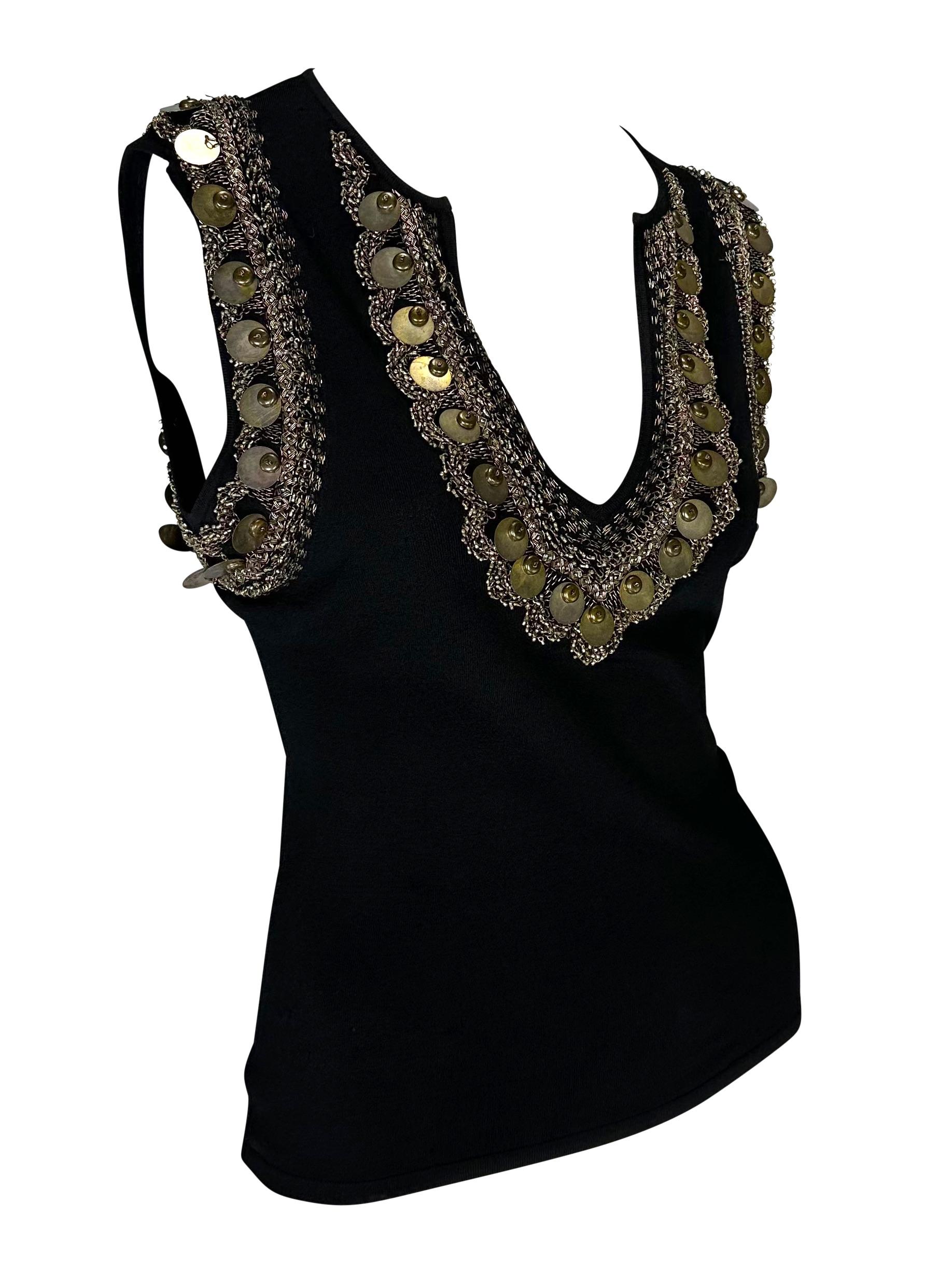 S/S 2004 Versace by Donatella Brass Embroidered Beaded Black Knit Plunging Top For Sale 2