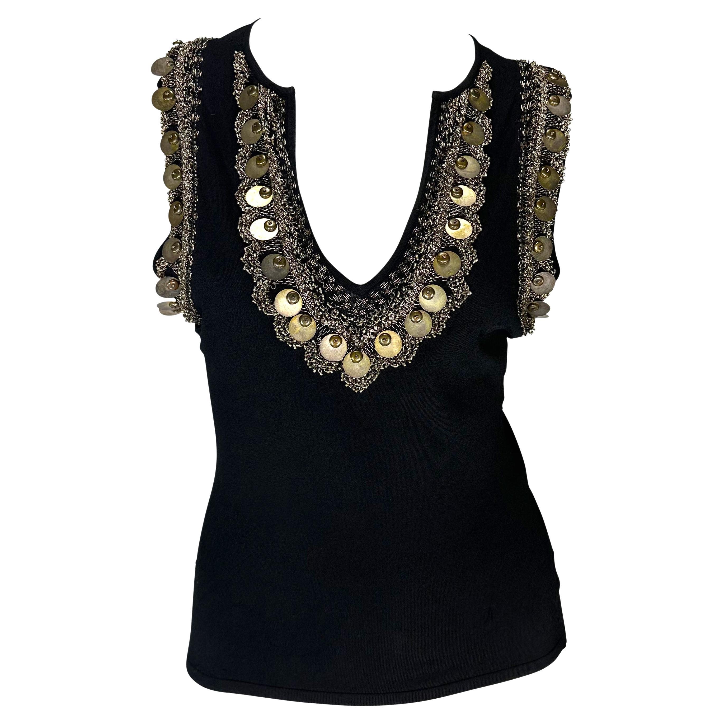 S/S 2004 Versace by Donatella Brass Embroidered Beaded Black Knit Plunging Top For Sale
