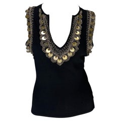 S/S 2004 Versace by Donatella Versace Brass Embroidered Beaded Black Knit Plunging Top (Top plongeant en tricot noir)