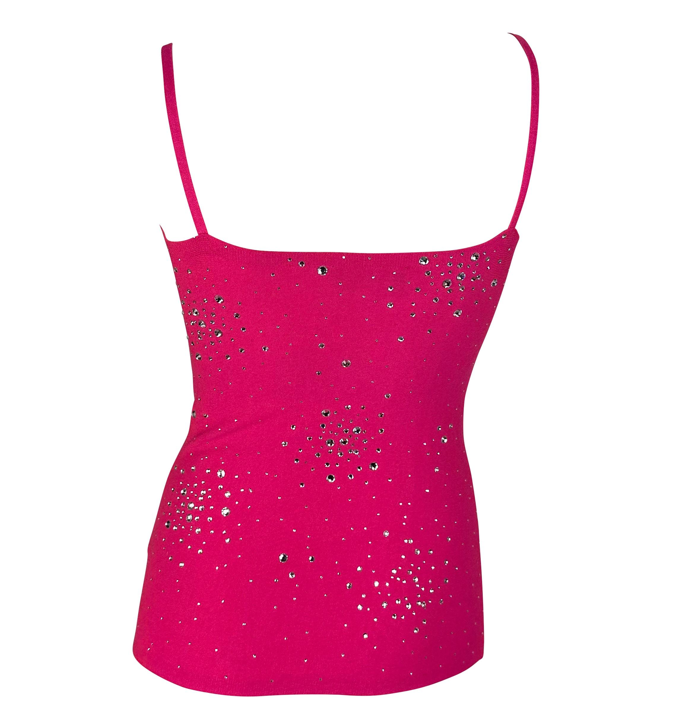 S/S 2004 Versace by Donatella Hot Pink Rhinestone Stretch Knit Tank Top  In Excellent Condition For Sale In West Hollywood, CA