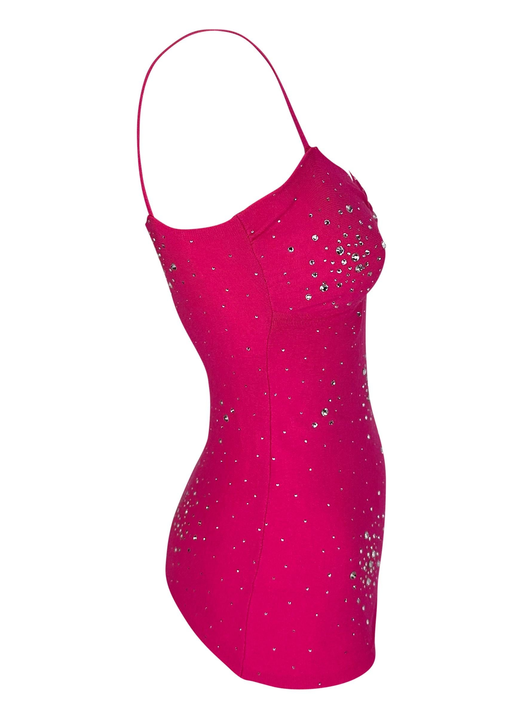 Women's S/S 2004 Versace by Donatella Hot Pink Rhinestone Stretch Knit Tank Top  For Sale