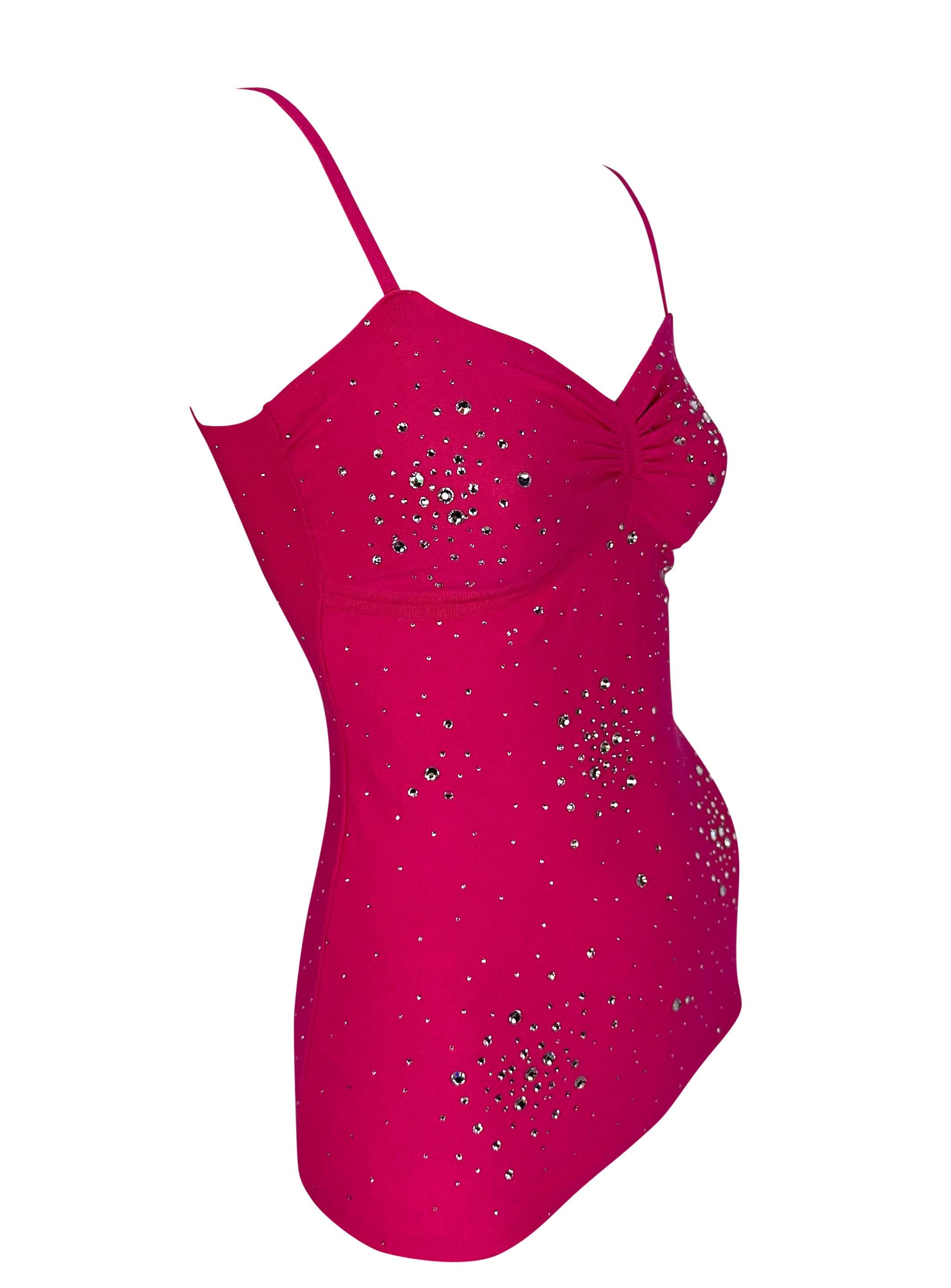 S/S 2004 Versace by Donatella Hot Pink Rhinestone Stretch Knit Tank Top  For Sale 1