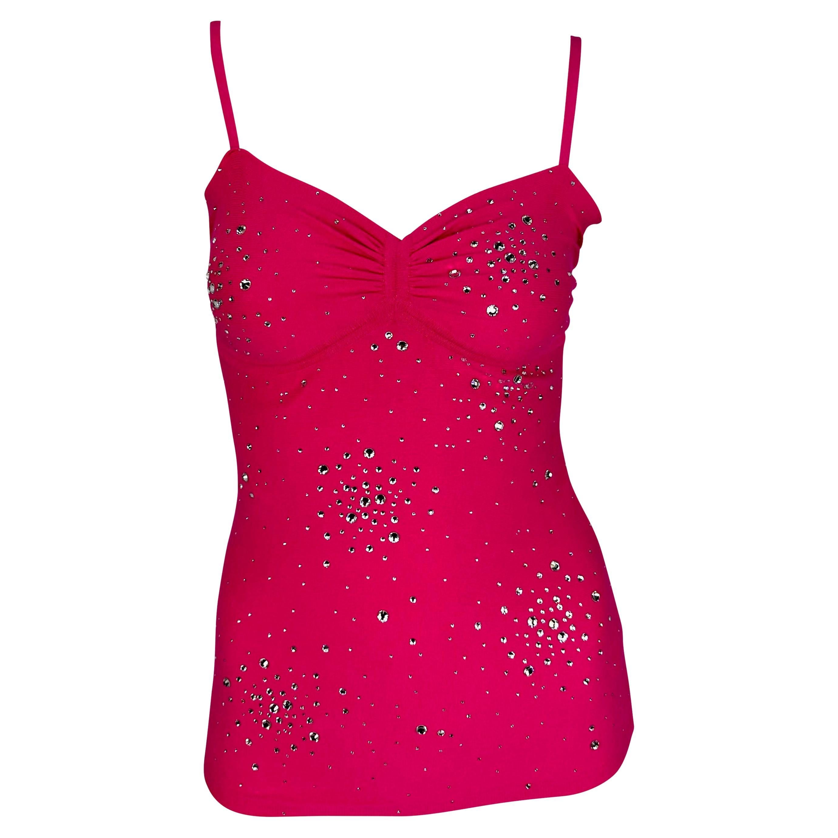 S/S 2004 Versace by Donatella Hot Pink Rhinestone Stretch Knit Tank Top  For Sale