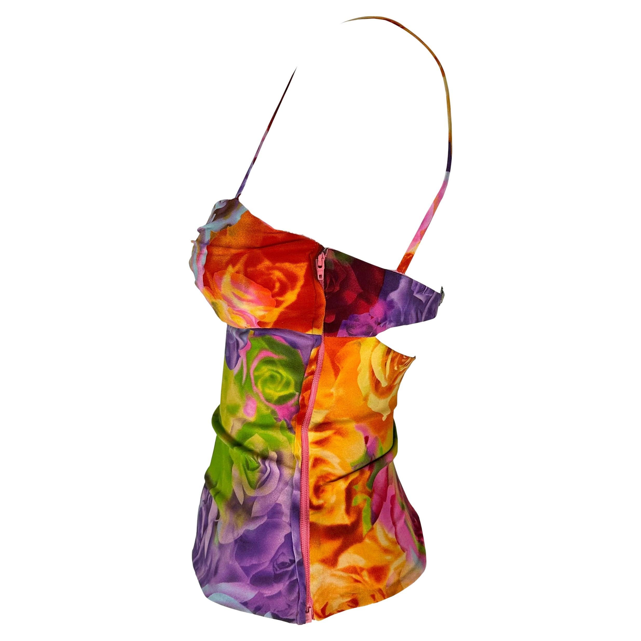 S/S 2004 Versace by Donatella Neon Floral Print Medusa Cutout Bustier Crop Top For Sale 1