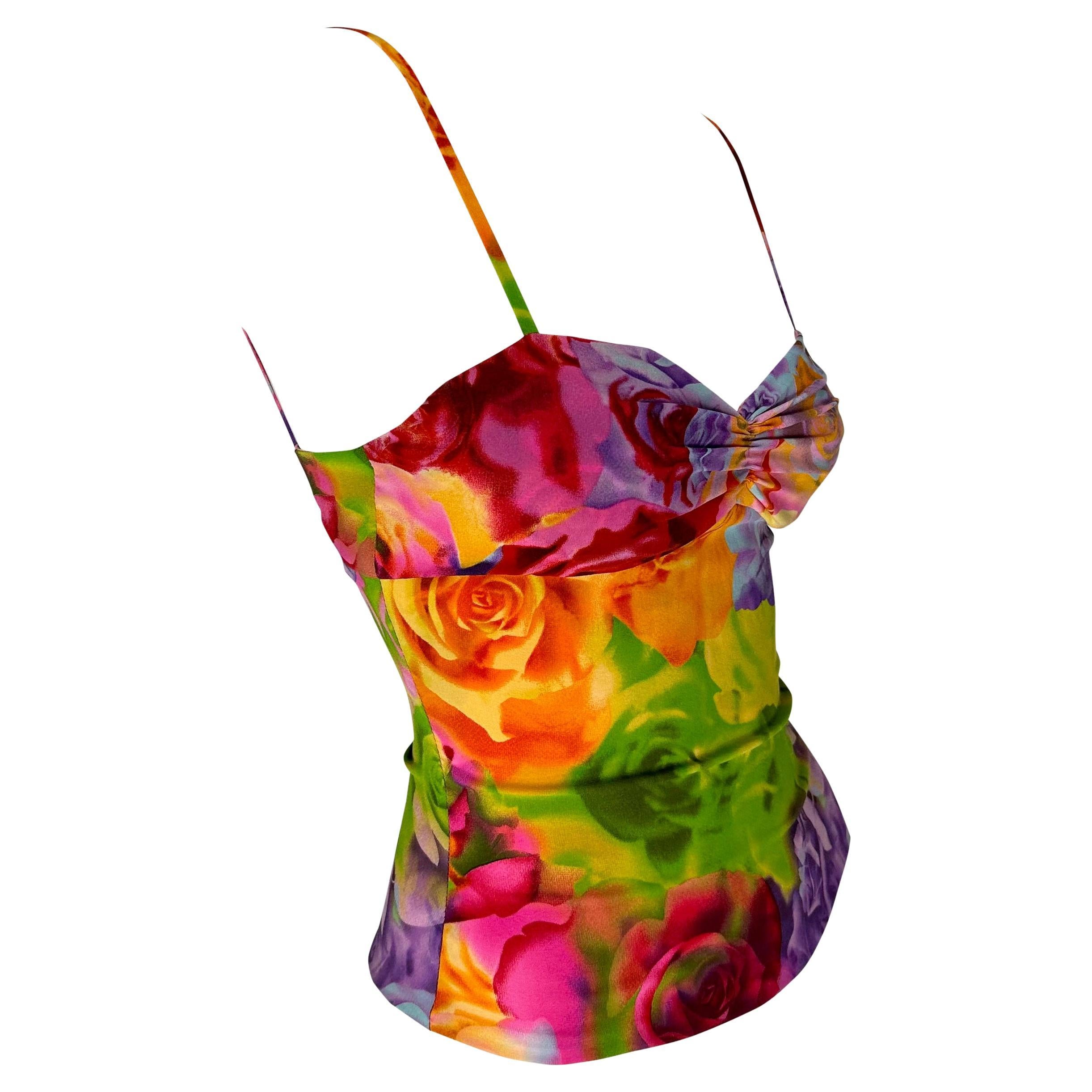 S/S 2005 Versace by Donatella Neon Floral Print Medusa Cutout Bustier Crop Top For Sale 3