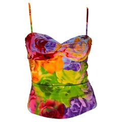 P/E 2005 Versace by Donatella Versace Neon Floral Print Medusa Cutout Bustier Crop Top