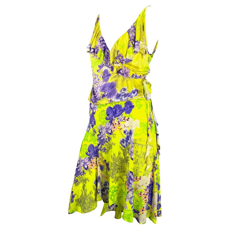 S/S 2004 Versace by Donatella Neon Green Toile Flower Print Silk Viscose  Set For Sale at 1stDibs