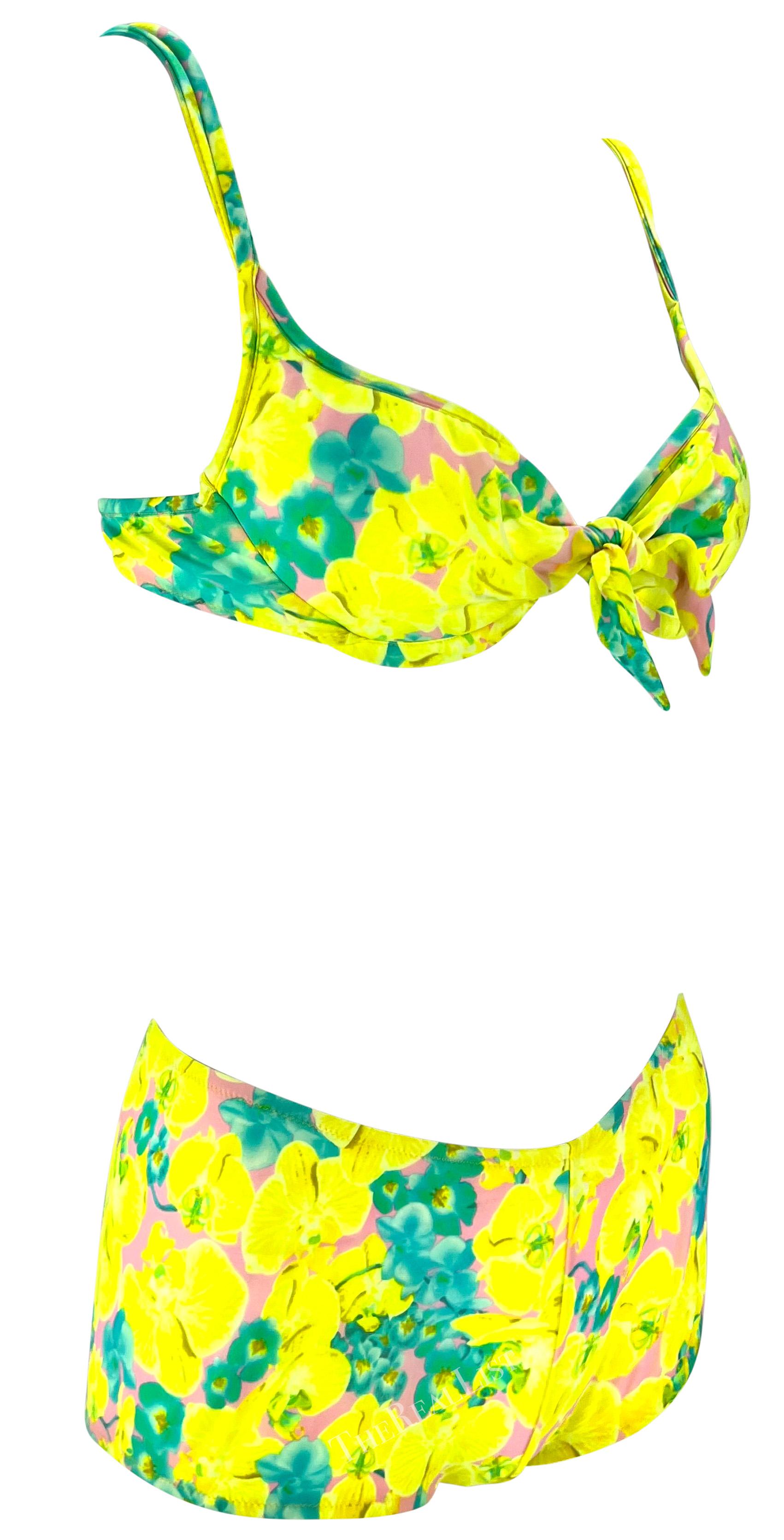 S/S 2004 Versace by Donatella Neon Orchid Yellow Floral Tie Bikini Shorts Set For Sale 1