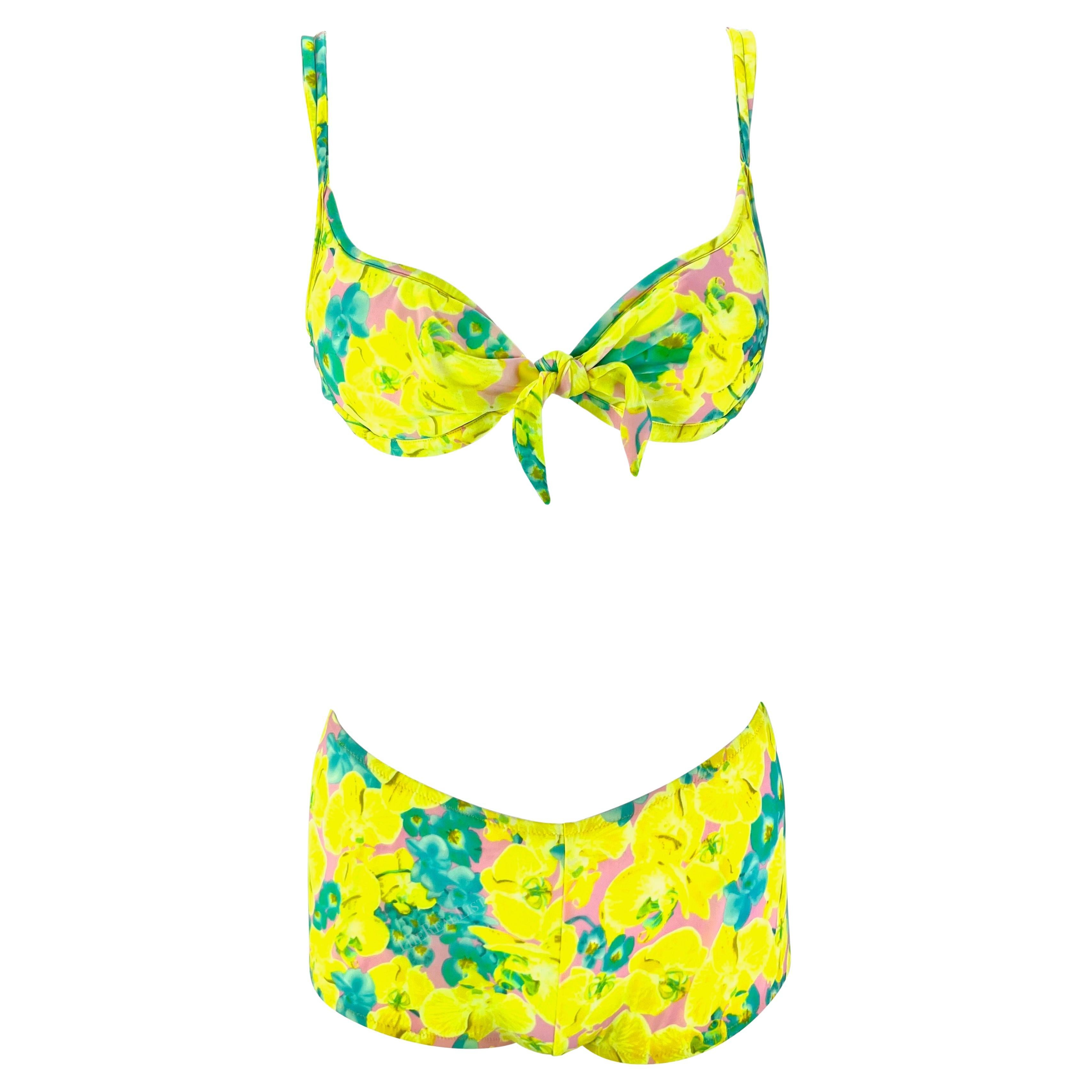S/S 2004 Versace by Donatella Neon Orchid Yellow Floral Tie Bikini Shorts Set For Sale