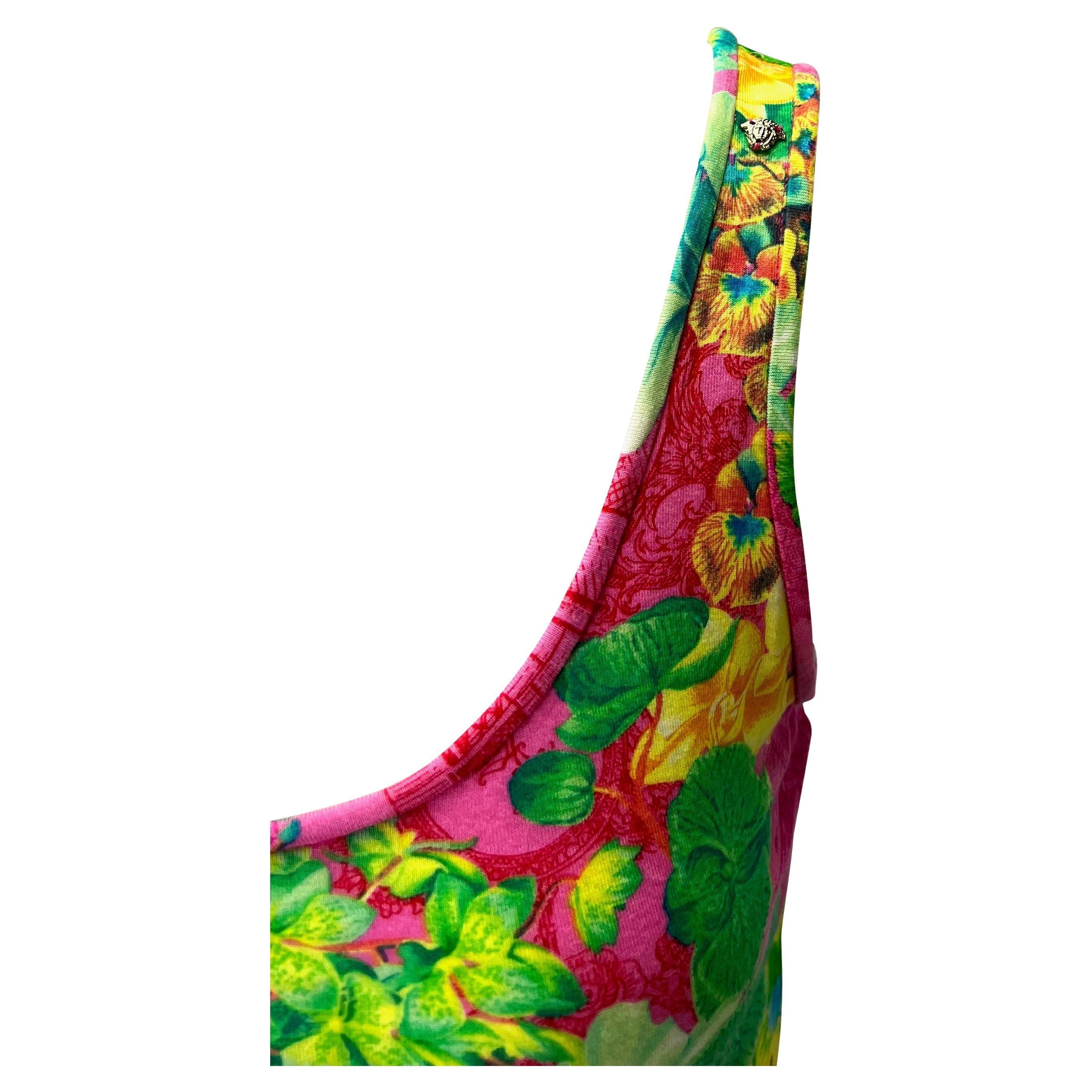 Rose S/S 2004 Versace by Donatella Versace - Débardeur en viscose extensible imprimé orchidée rose fluo en vente