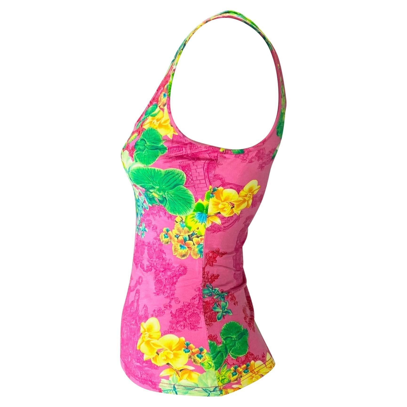S/S 2004 Versace by Donatella Versace - Débardeur en viscose extensible imprimé orchidée rose fluo Bon état - En vente à West Hollywood, CA