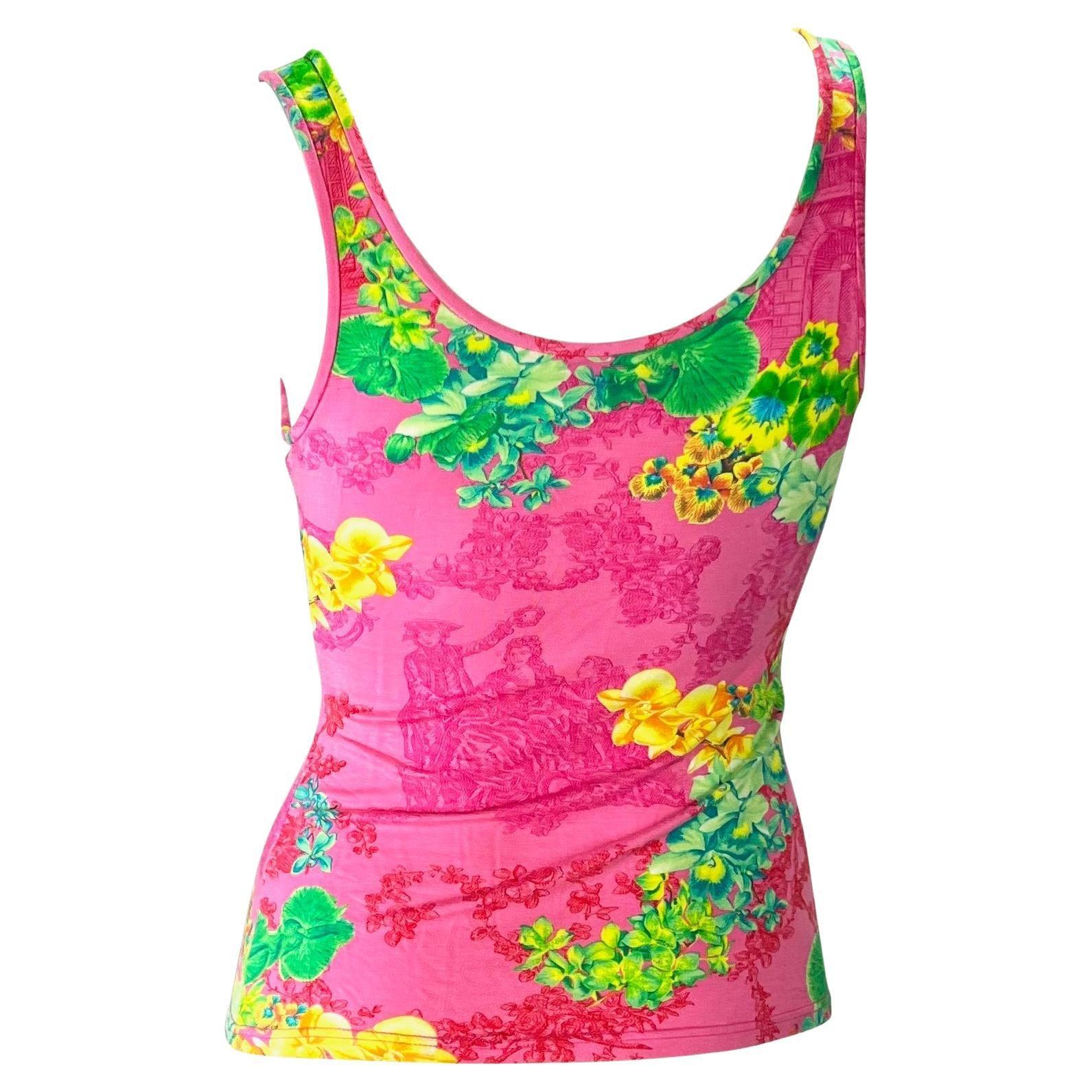 S/S 2004 Versace by Donatella Versace - Débardeur en viscose extensible imprimé orchidée rose fluo Pour femmes en vente