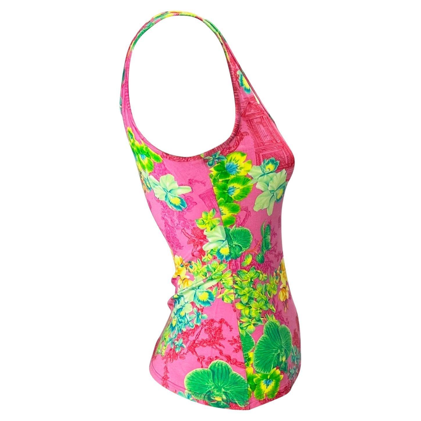 S/S 2004 Versace by Donatella Versace - Débardeur en viscose extensible imprimé orchidée rose fluo en vente 1