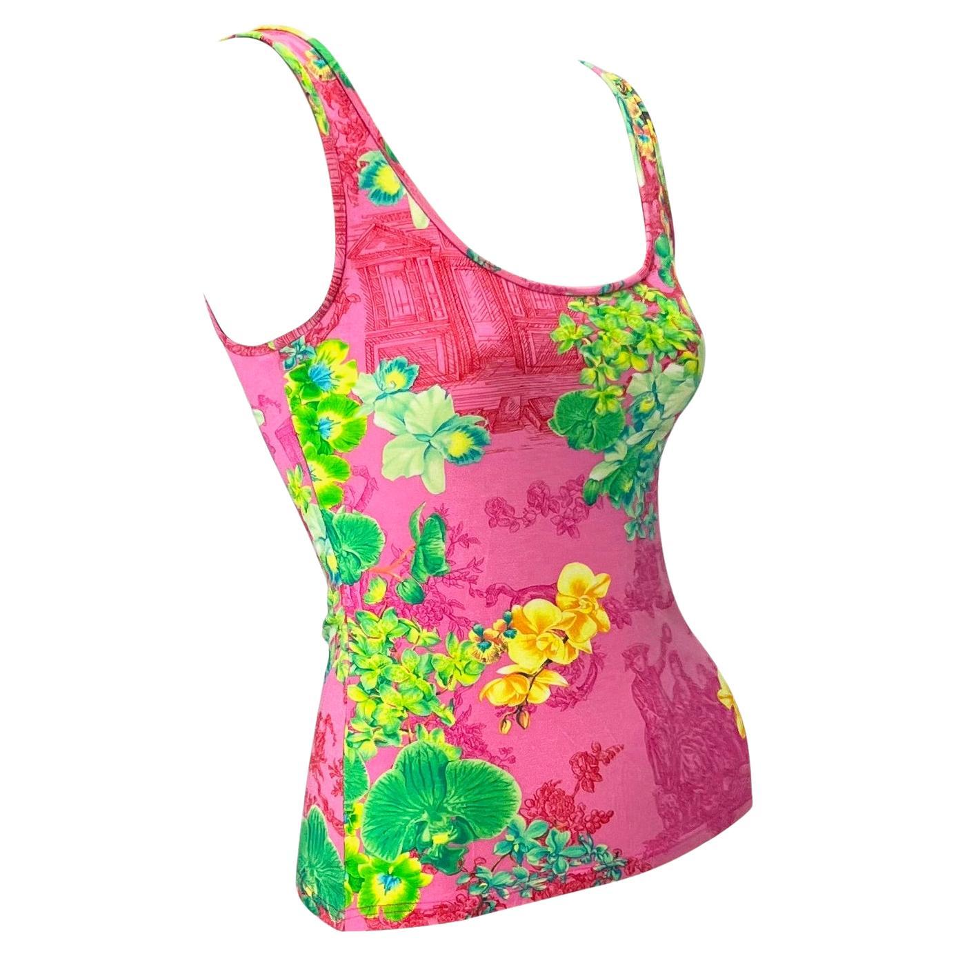 Women's S/S 2004 Versace by Donatella Neon Pink Orchid Print Stretch Viscose Tank Top For Sale