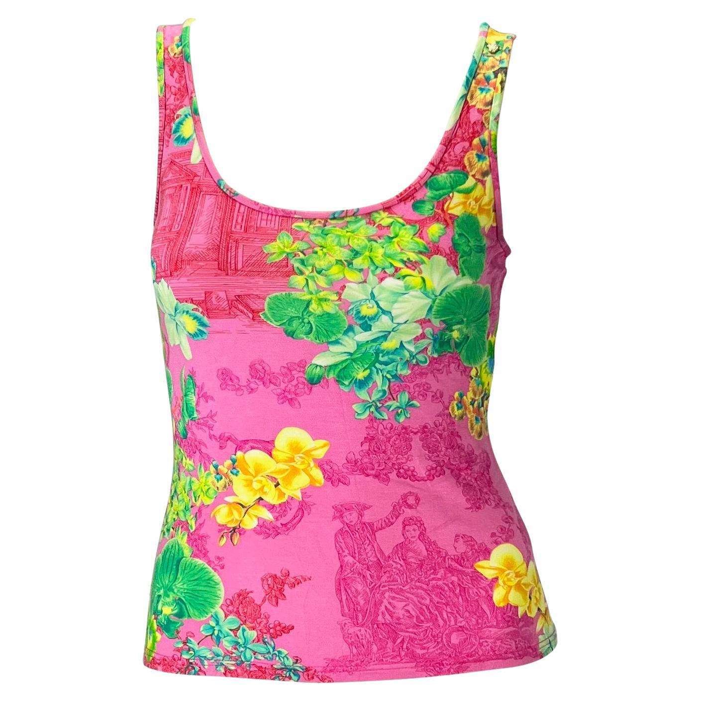 S/S 2004 Versace by Donatella Neon Pink Orchid Print Stretch Viscose Tank Top