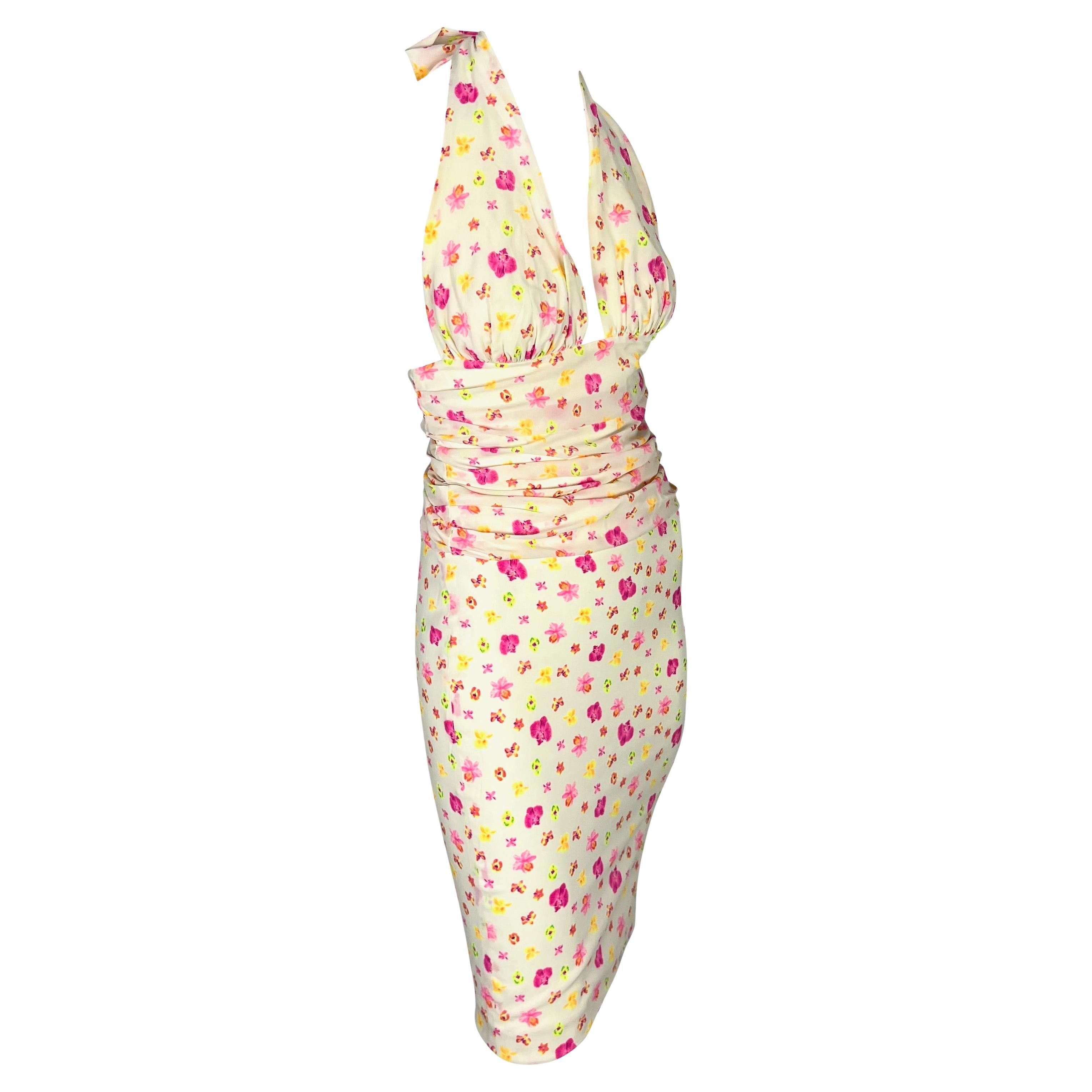 Women's S/S 2004 Versace by Donatella Neon Pink Yellow Orchid Floral Print Skirt Suit For Sale