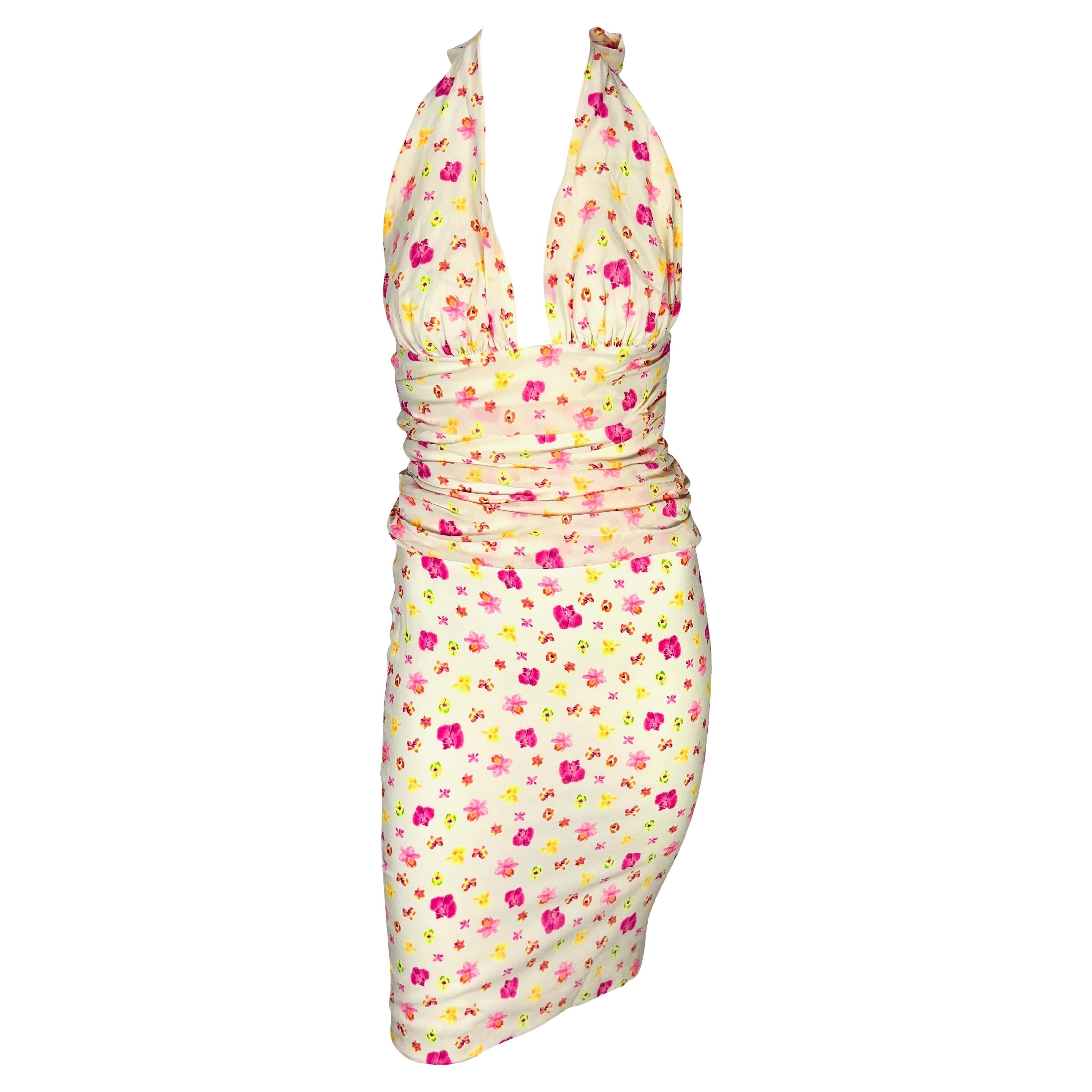 S/S 2004 Versace by Donatella Neon Pink Yellow Orchid Floral Print Skirt Suit For Sale