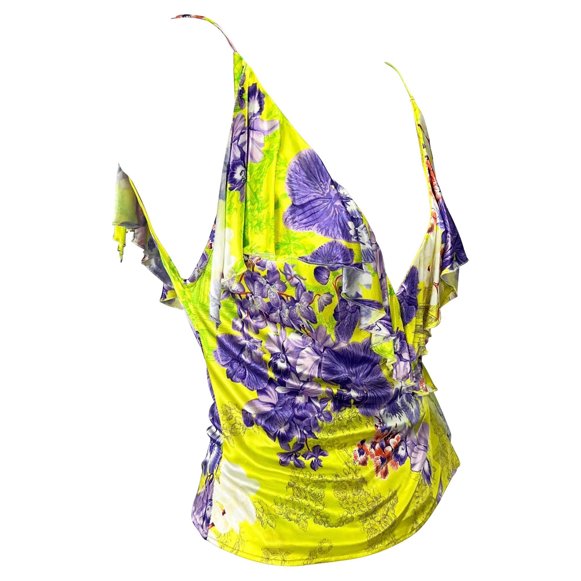 S/S 2004 Versace by Donatella Neon Toile Orchid Print Ruffle Viscose Wrap Tank For Sale 2