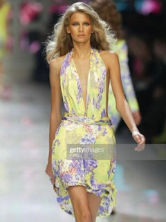 S/S 2004 Versace by Donatella Neon Yellow Purple Orchid Toile Print Runway Dress