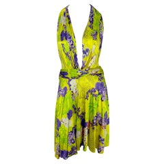 F/S 2004 Versace by Donatella Neongelbes lila Orchideen-Laufstegkleid mit Druck