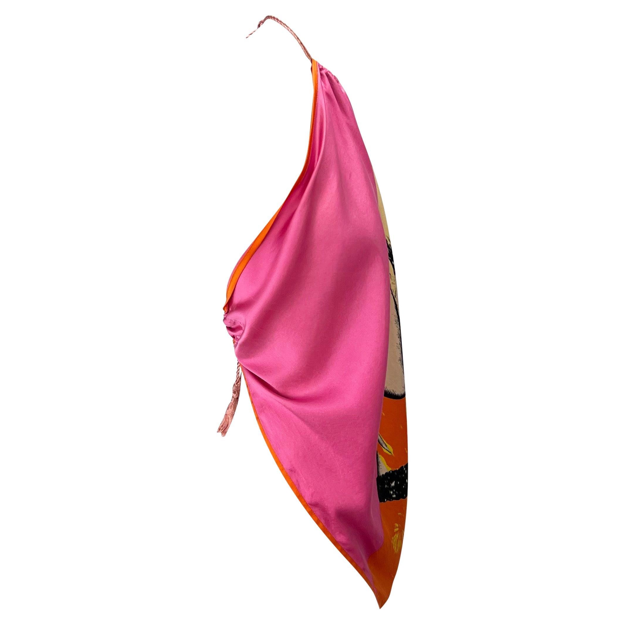 S/S 2004 Versace by Donatella Pink Pop Art Silk Scarf Tassel Blouse For Sale 2