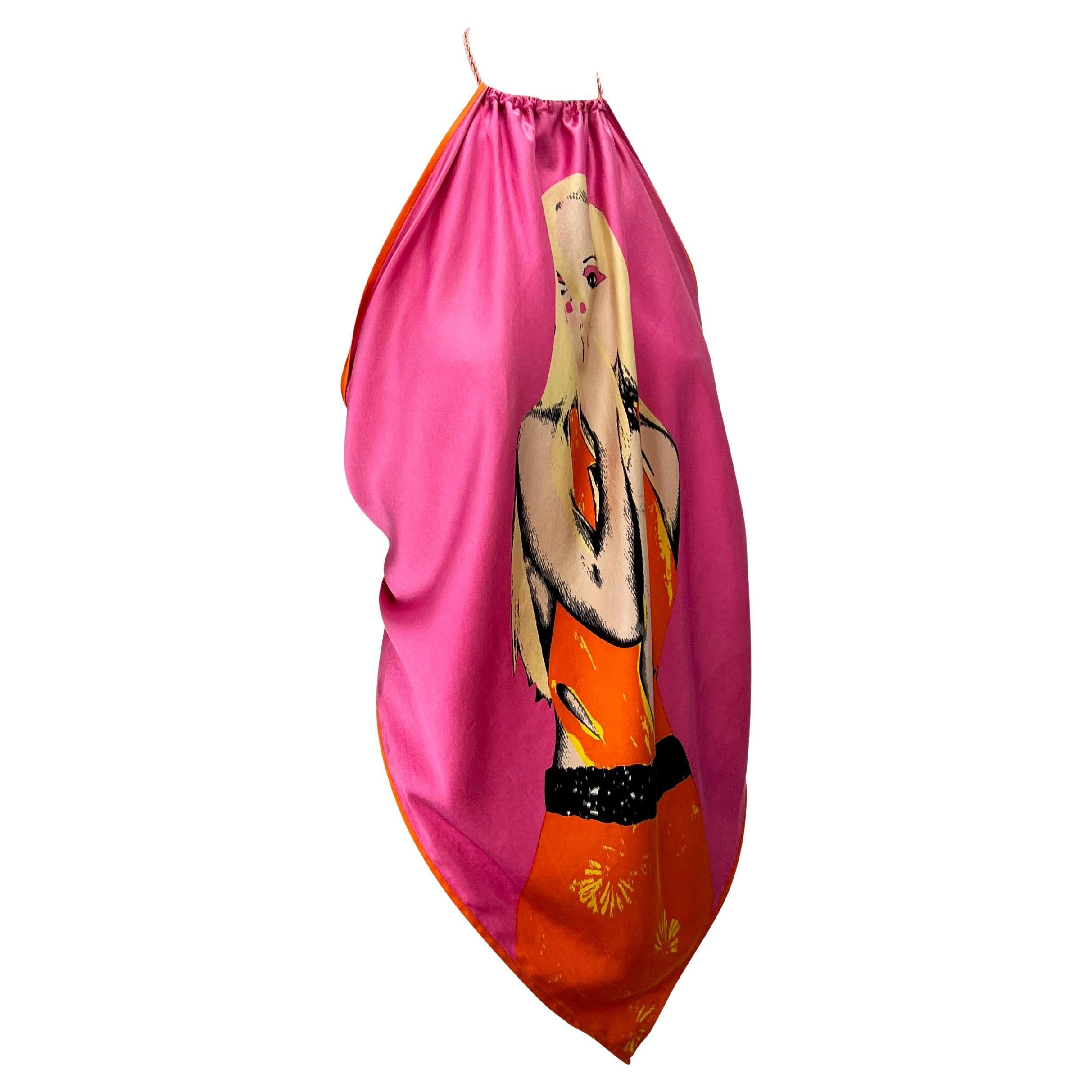 S/S 2004 Versace by Donatella Pink Pop Art Silk Scarf Tassel Blouse For Sale 3