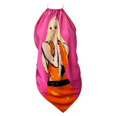 S/S 2004 Versace by Donatella Pink Pop Art Silk Scarf Tassel Blouse