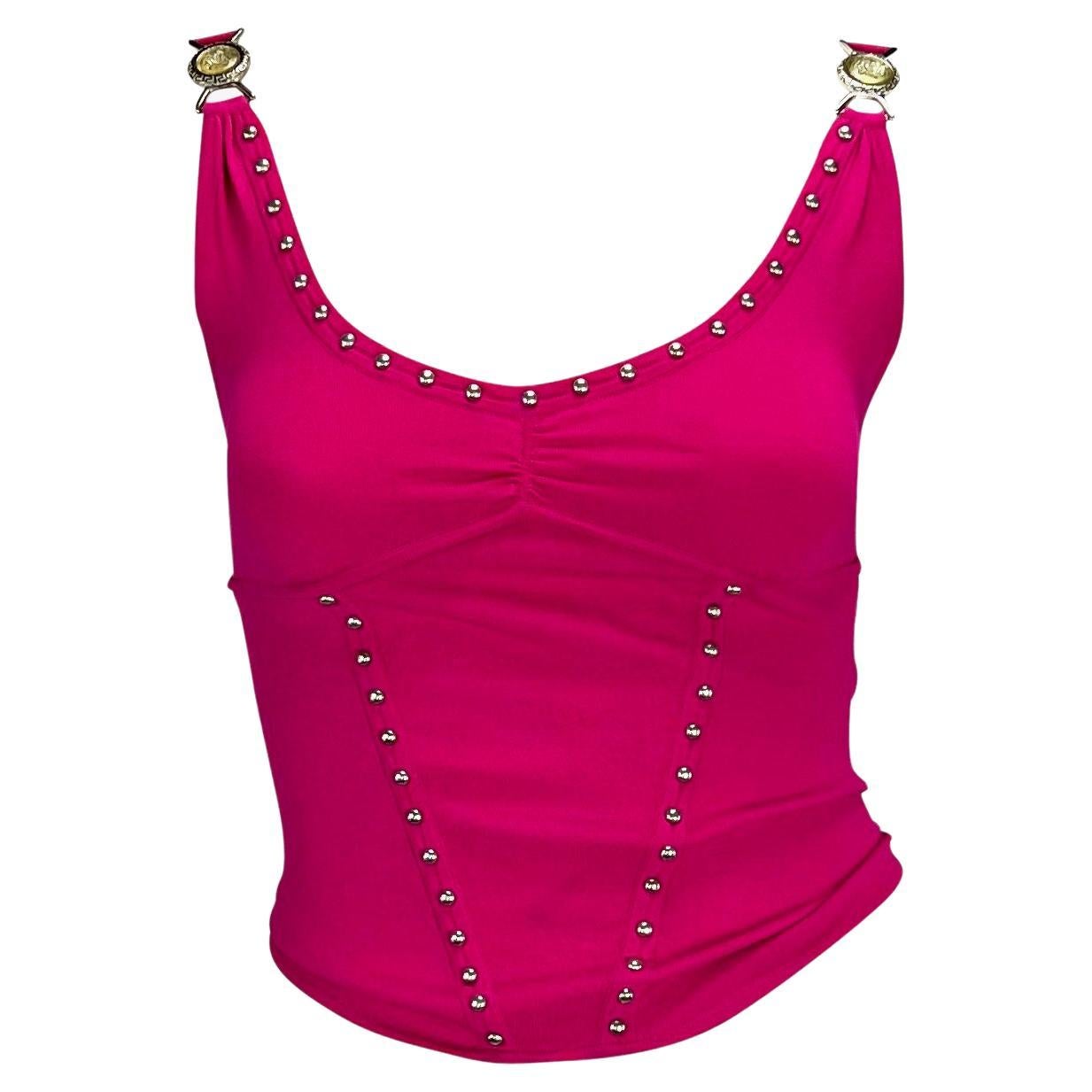 S/S 2004 Versace by Donatella Pink Studded Medusa Backless Strap Tank Y2K In Excellent Condition For Sale In West Hollywood, CA