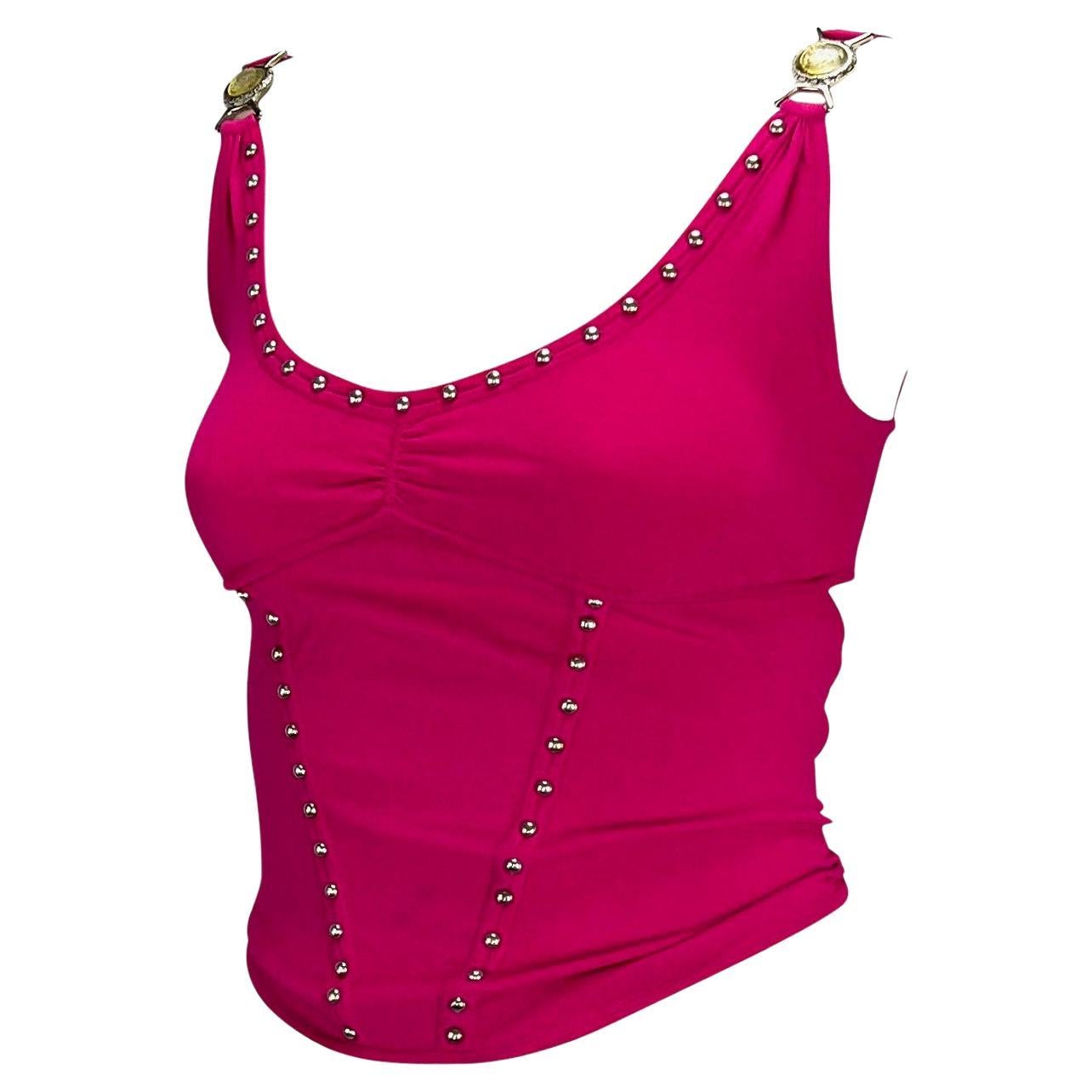 Women's S/S 2004 Versace by Donatella Pink Studded Medusa Backless Strap Tank Y2K For Sale