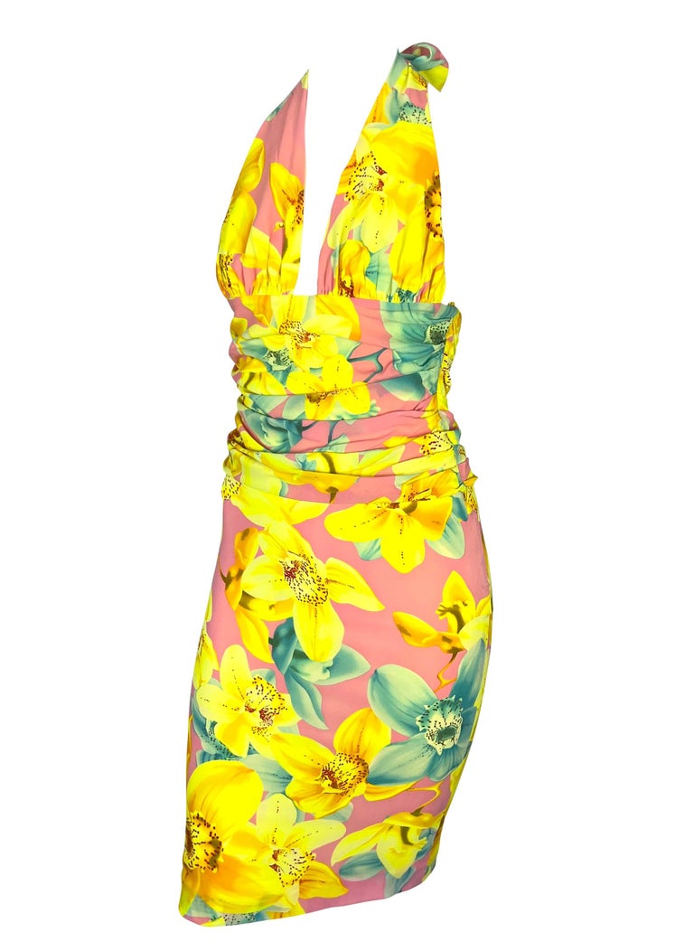 Yellow S/S 2004 Versace by Donatella Runway Neon Pink Floral Halter Top Skirt Set For Sale